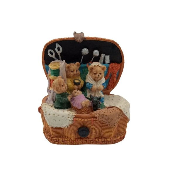 Teddy Bear Family in Sewing Basket Scene Knick Knack Vintage 3.25 Crafting Gift - Picture 7 of 16